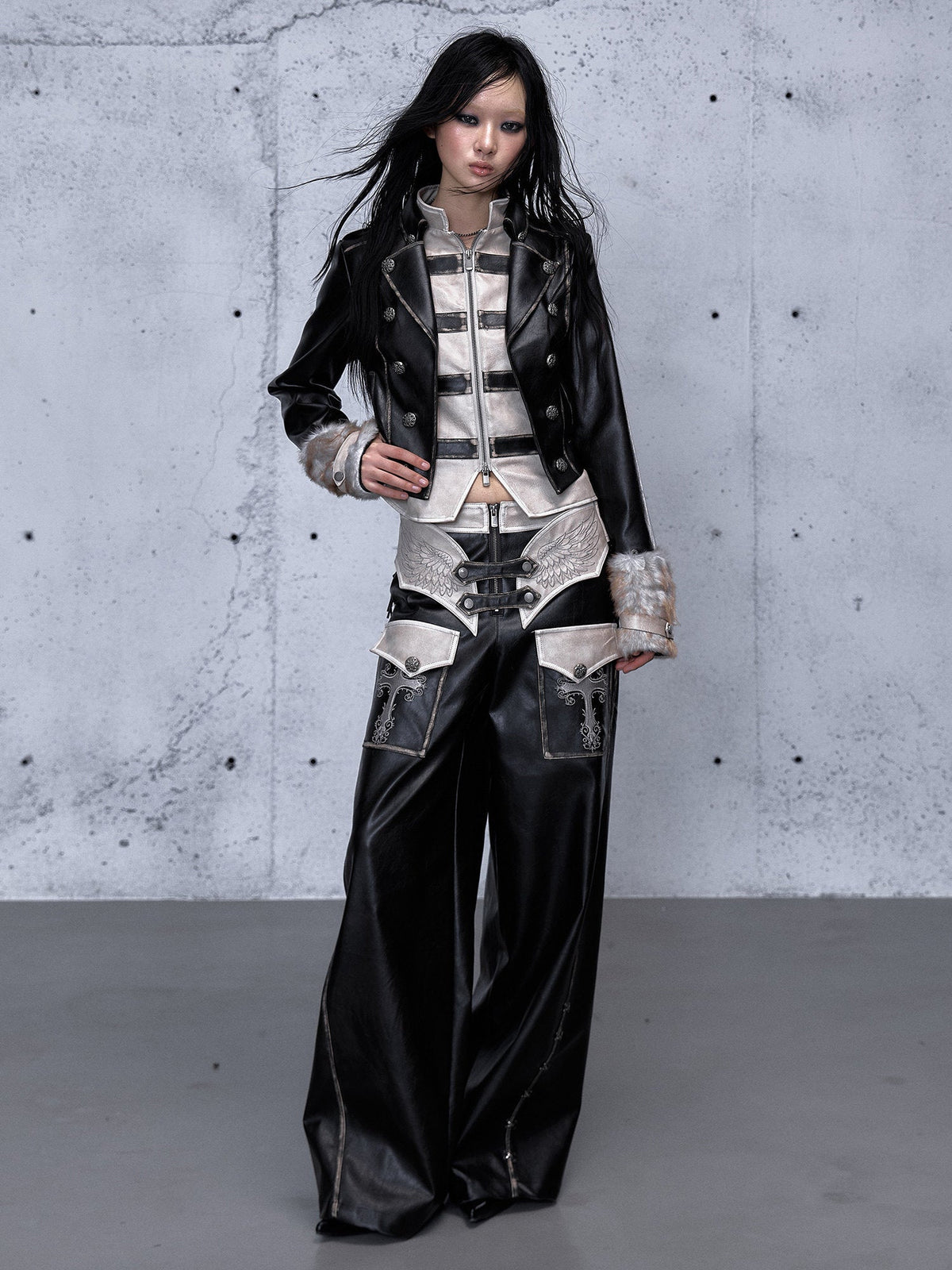 Standing-Collar Belt Detail Fake Fur Cuff PU Leather Jacket