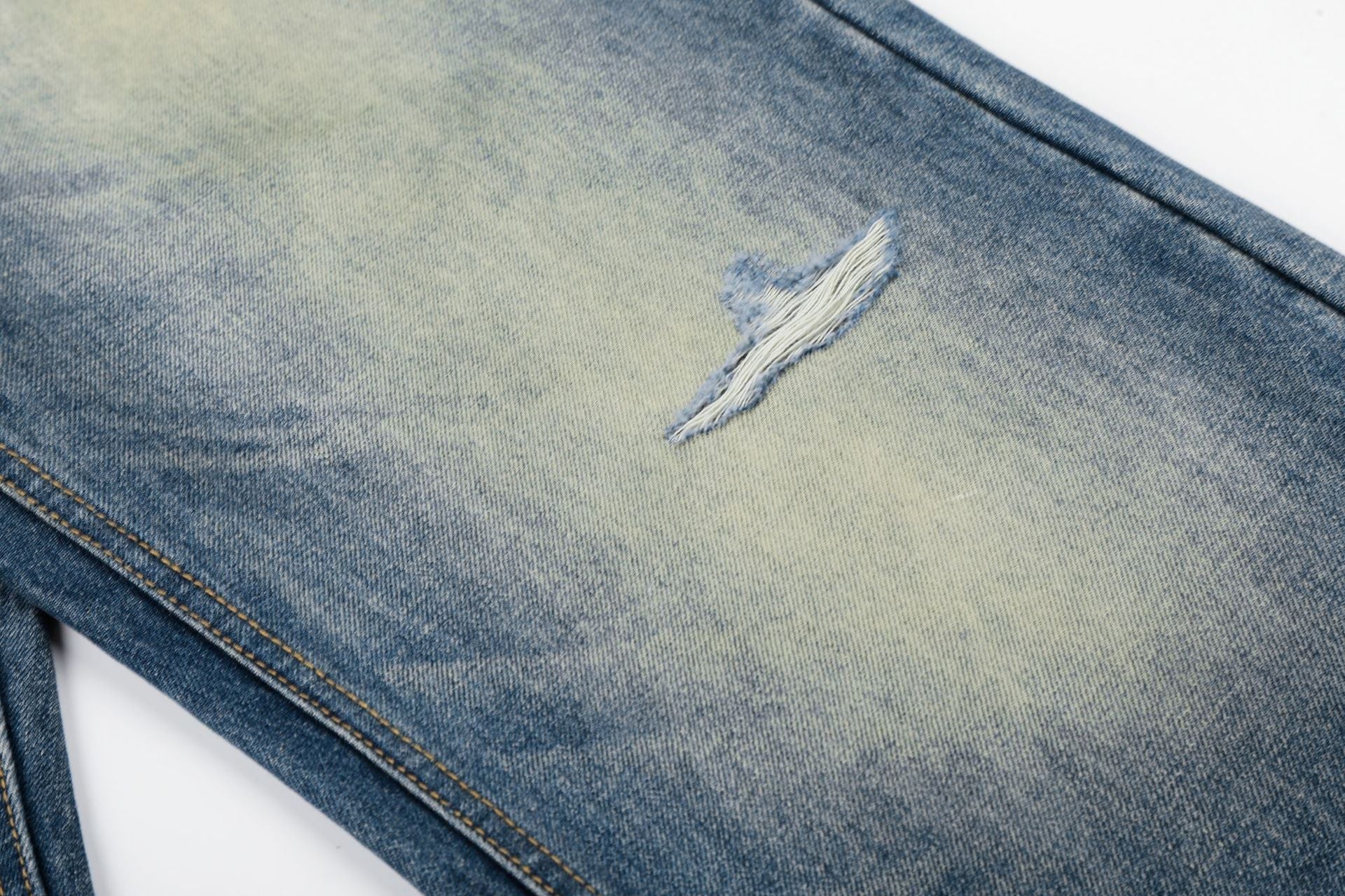 Washed Whisker Damage Wide Leg Denim Jeans