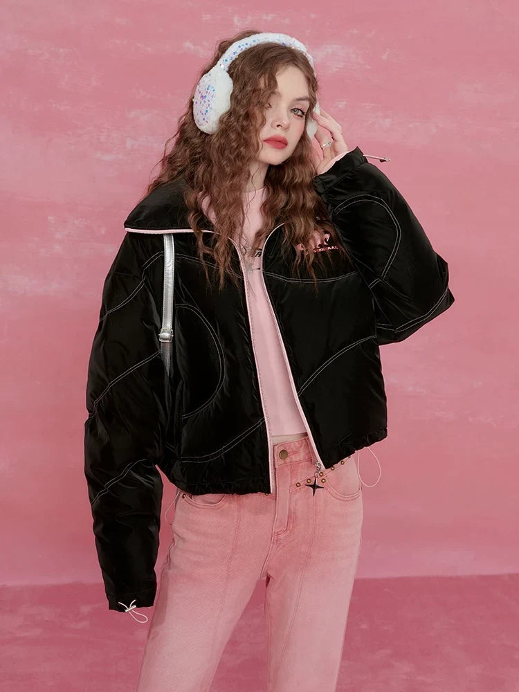 Letter Print High-Neck Short White Duck Down Jacket