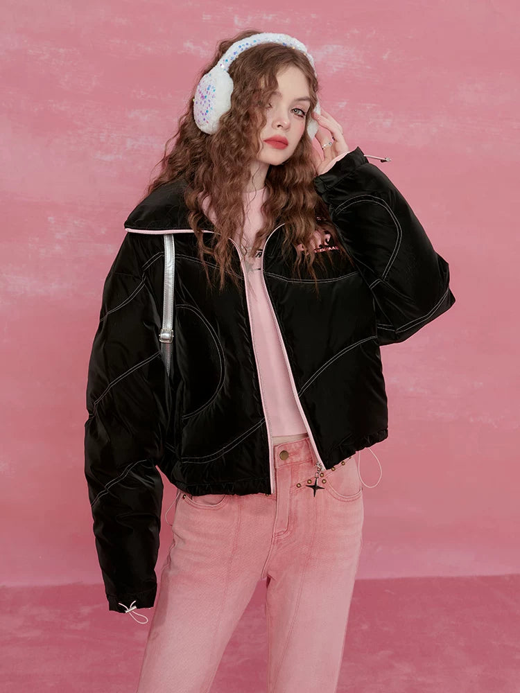 Letter Print High-Neck Short White Duck Down Jacket