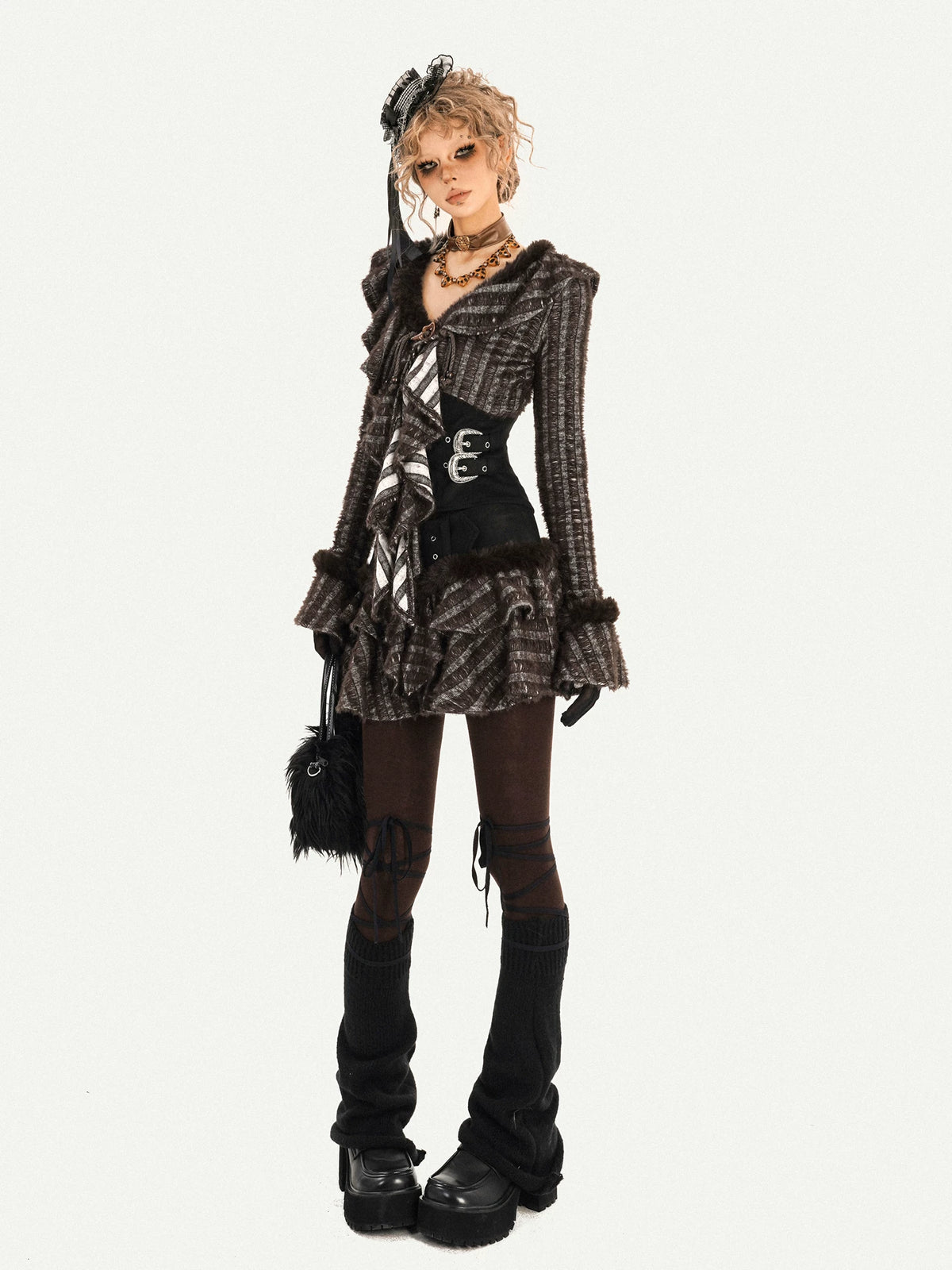Original Design Patchwork Raw Edge Slim Long Sleeve Shirt & Skirt Setup