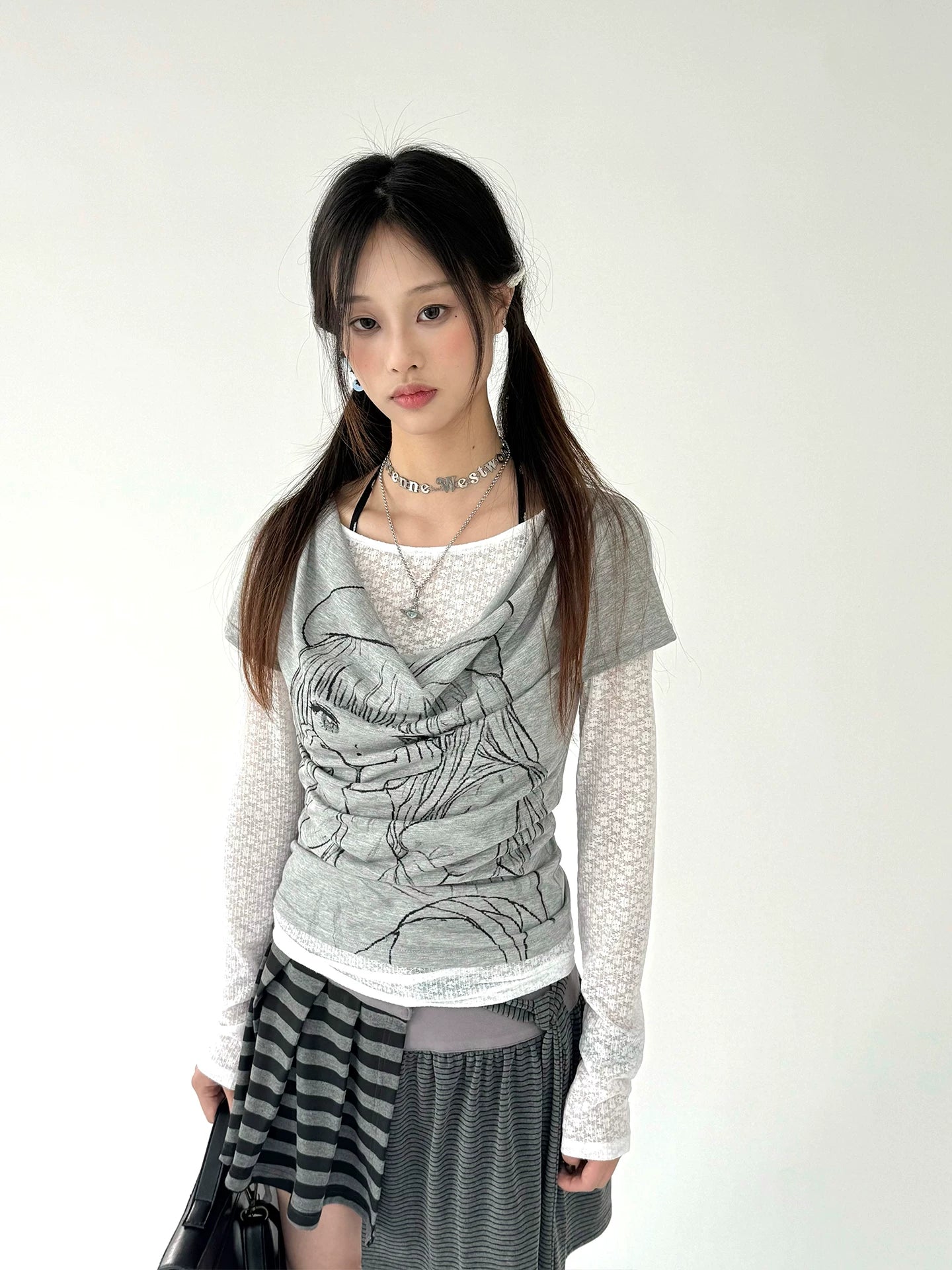 Fake Layered Draped Print Long Sleeve T-Shirt