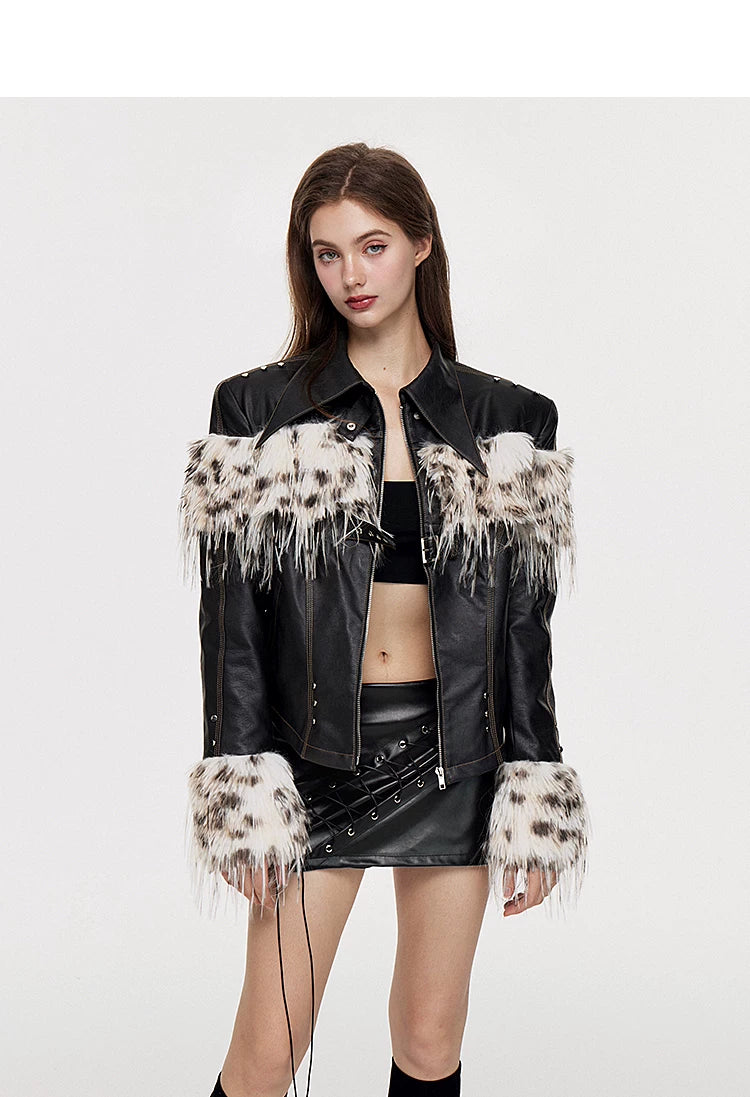 Fake Fur Patchwork Lined Thick PU Leather Jacket