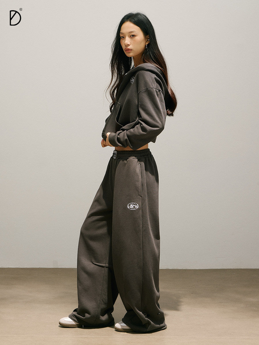 Letter Print Zipper Hoodie & Letter Print Wide Leg Sweatpants Setup