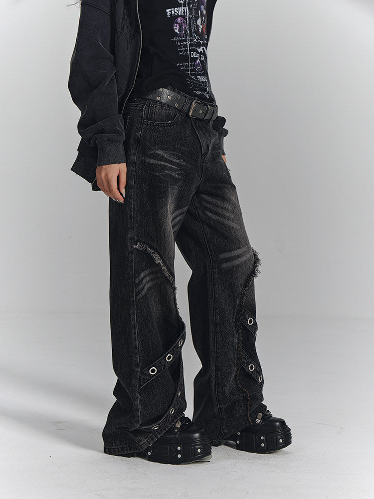 Washed Frayed Wide-Leg Straight Denim Jeans