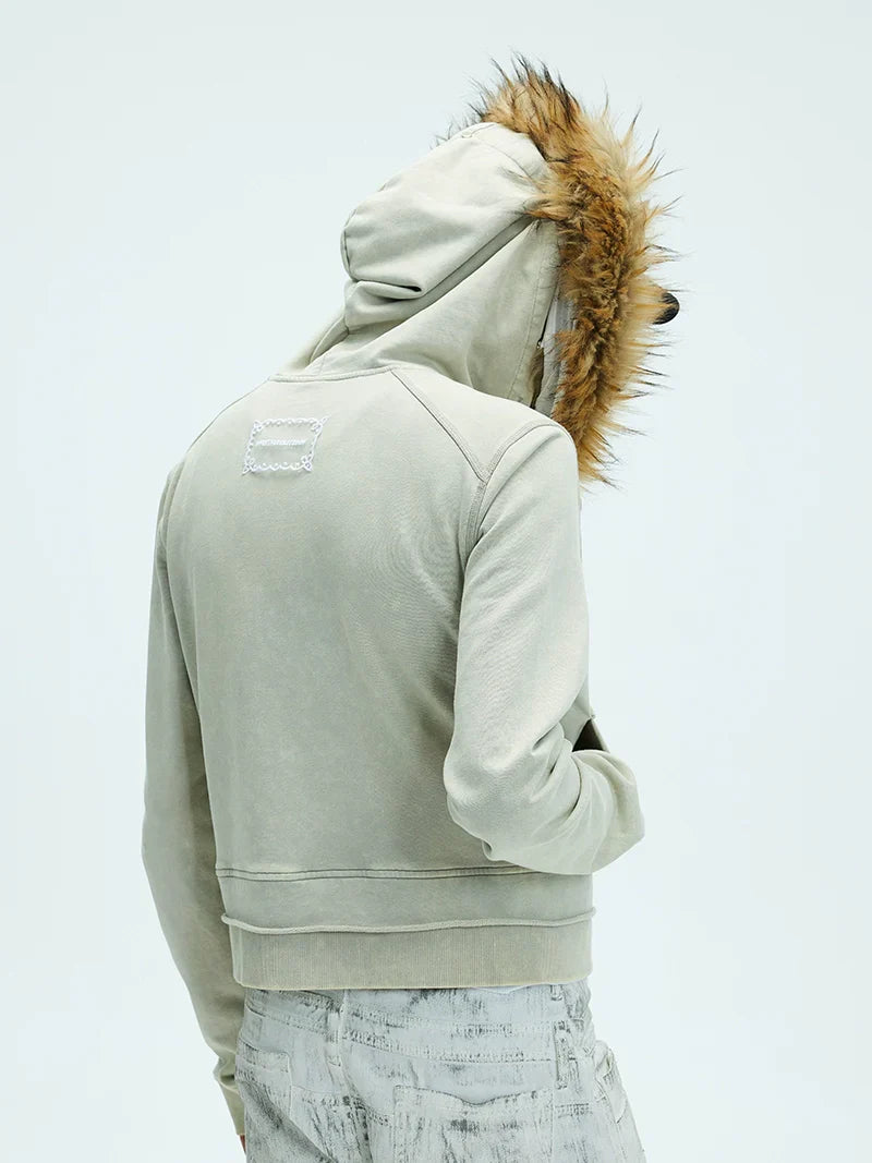 Detachable Fake Fur Washed Zipper Hoodie