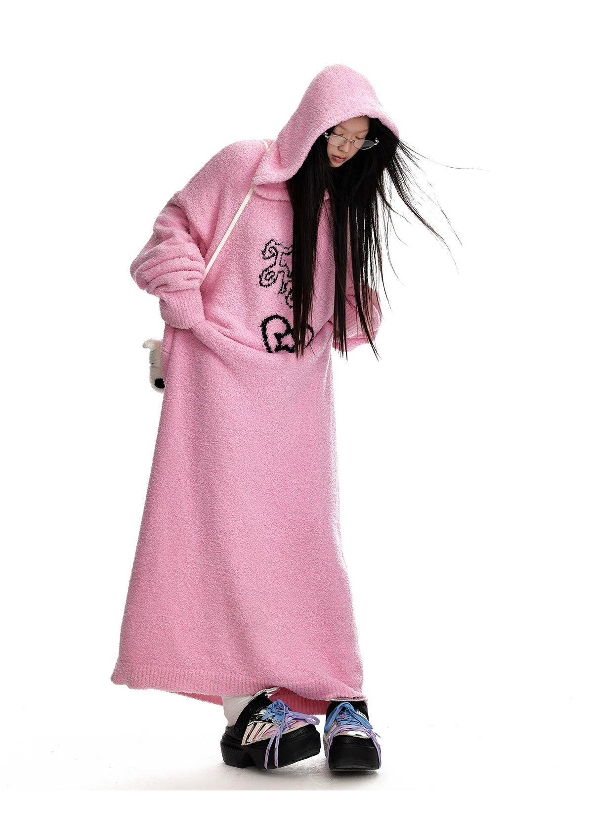 Fuzzy Hooded Knit Sweater Dress
