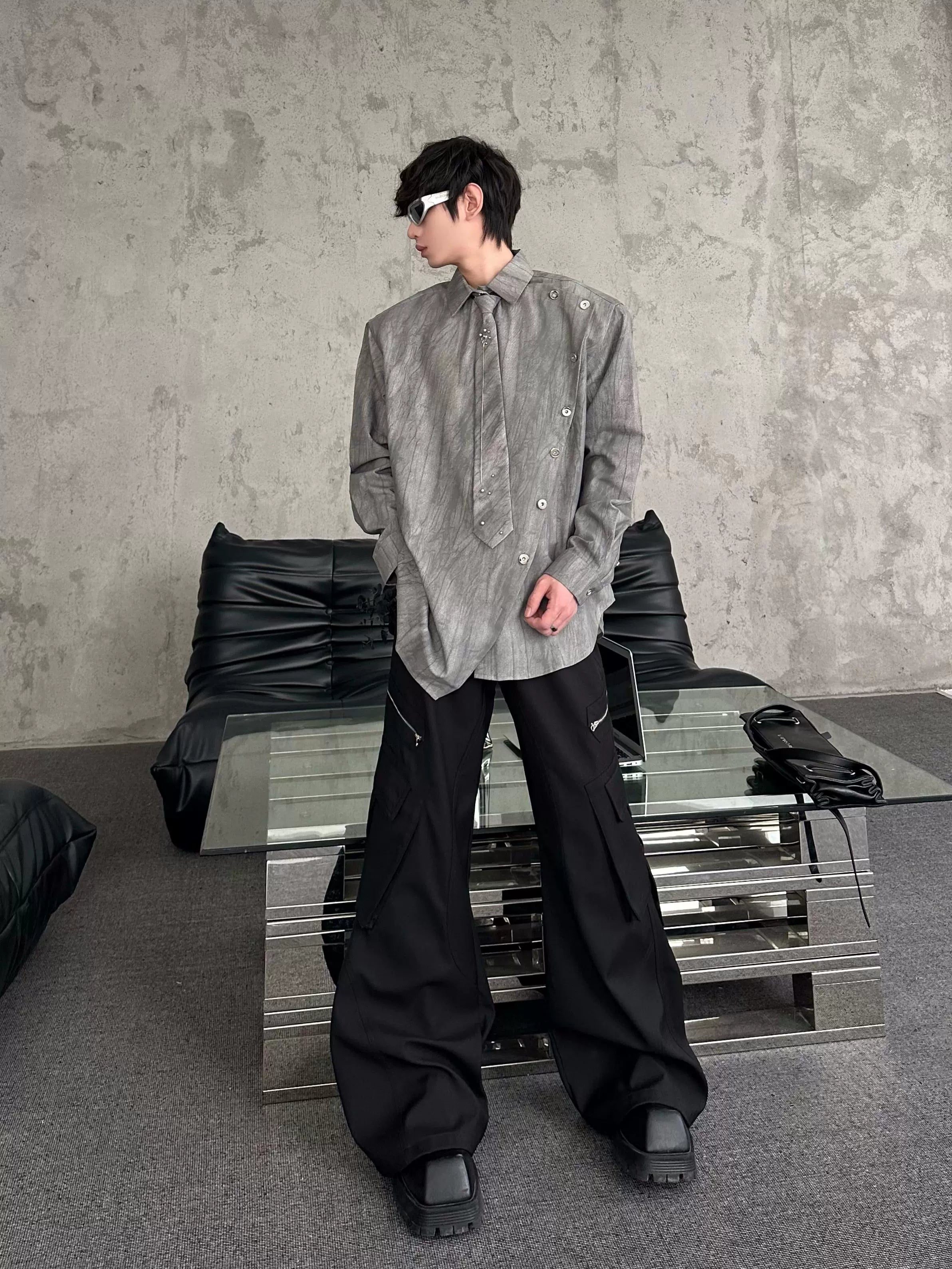 Shoulder-Pad Tie Design Oversize Long Sleeve Shirt