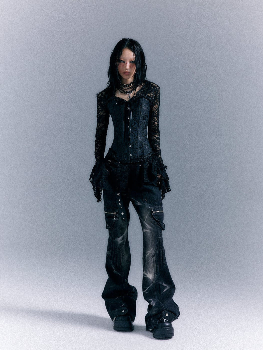 Lace-Up Corset Top & Lace Long Sleeve Dress Setup