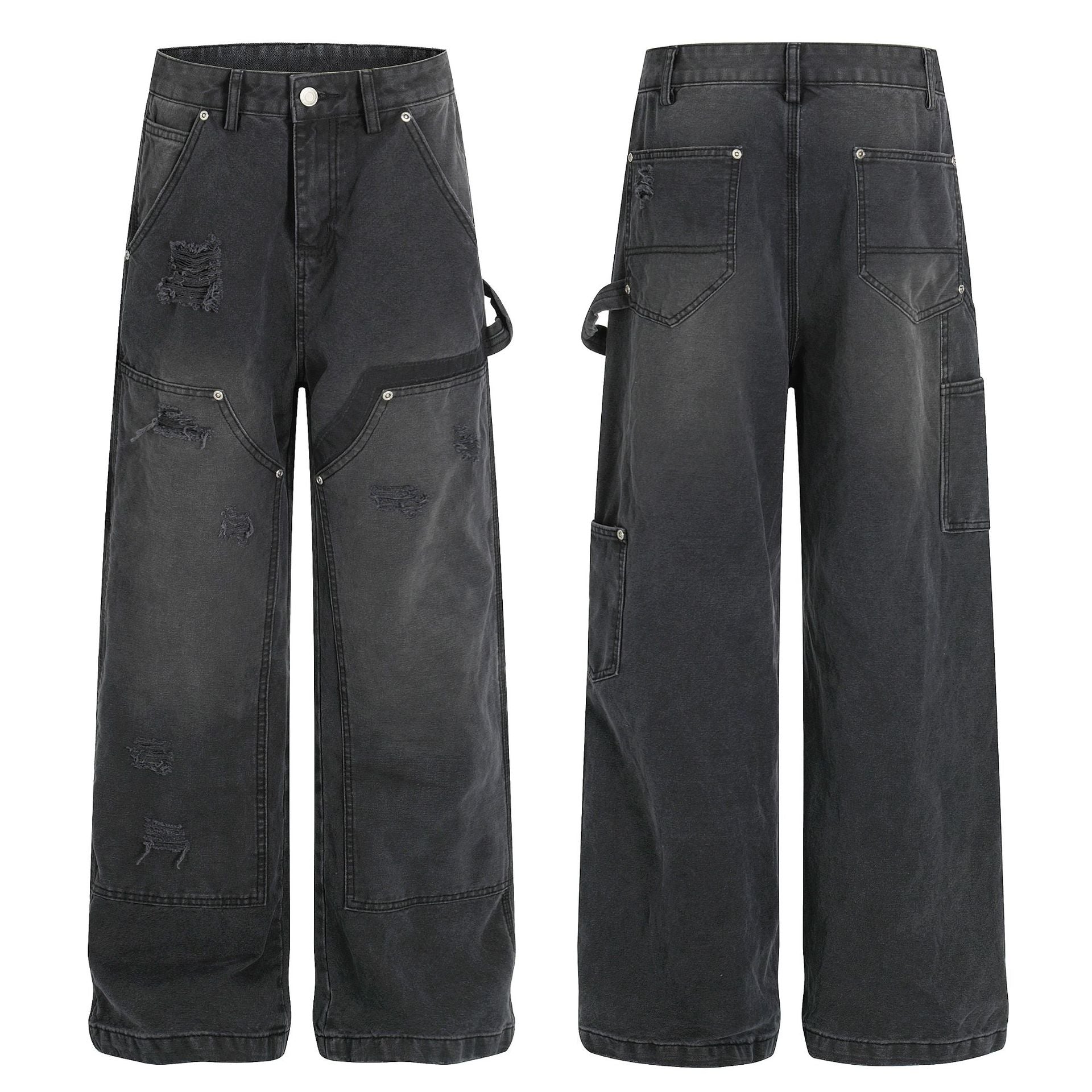 Washed Damage Wide Leg Denim Jeans
