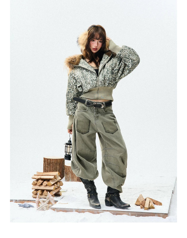 Leopard Print Fur-Trim Hood Puffer Jacket
