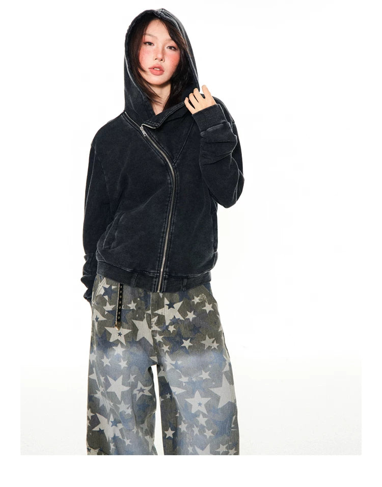 Asymmetrical Zipper Oversize Hooded Jacket