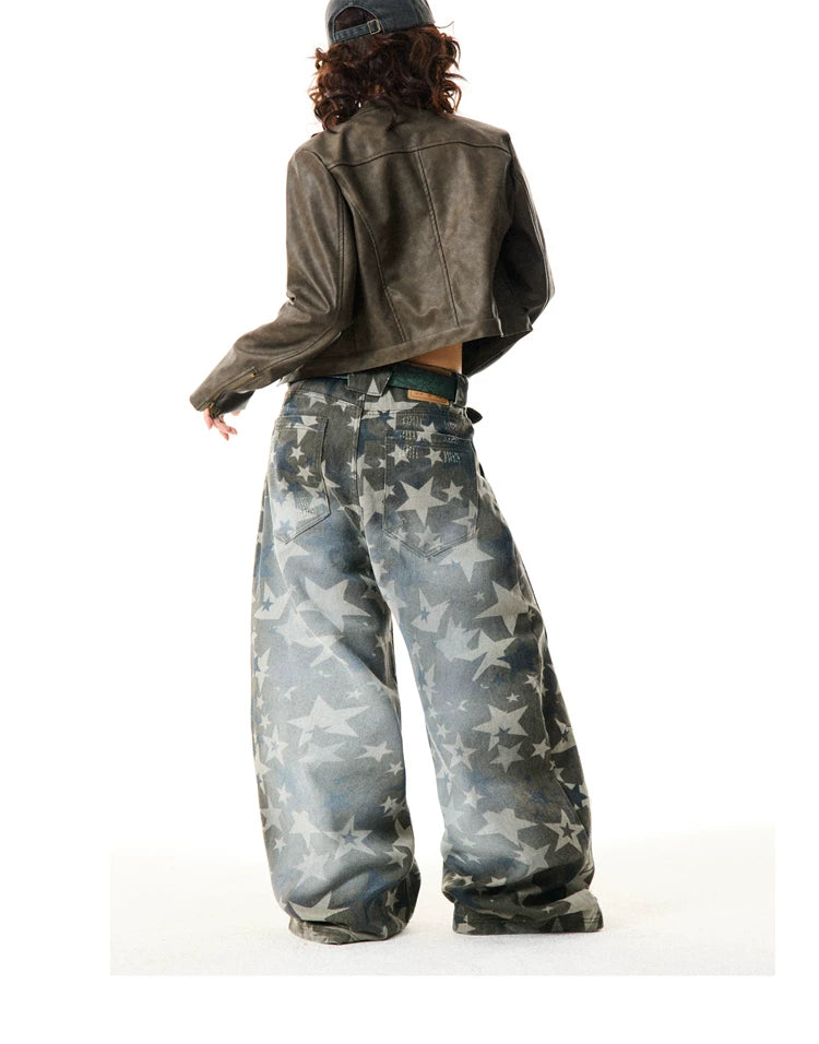 Star Print Damage Wide Leg Denim Jeans