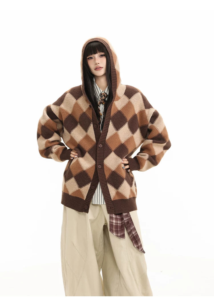 Heavyweight Diamond Pattern Oversize Hooded Knit Cardigan & Knit Sweater