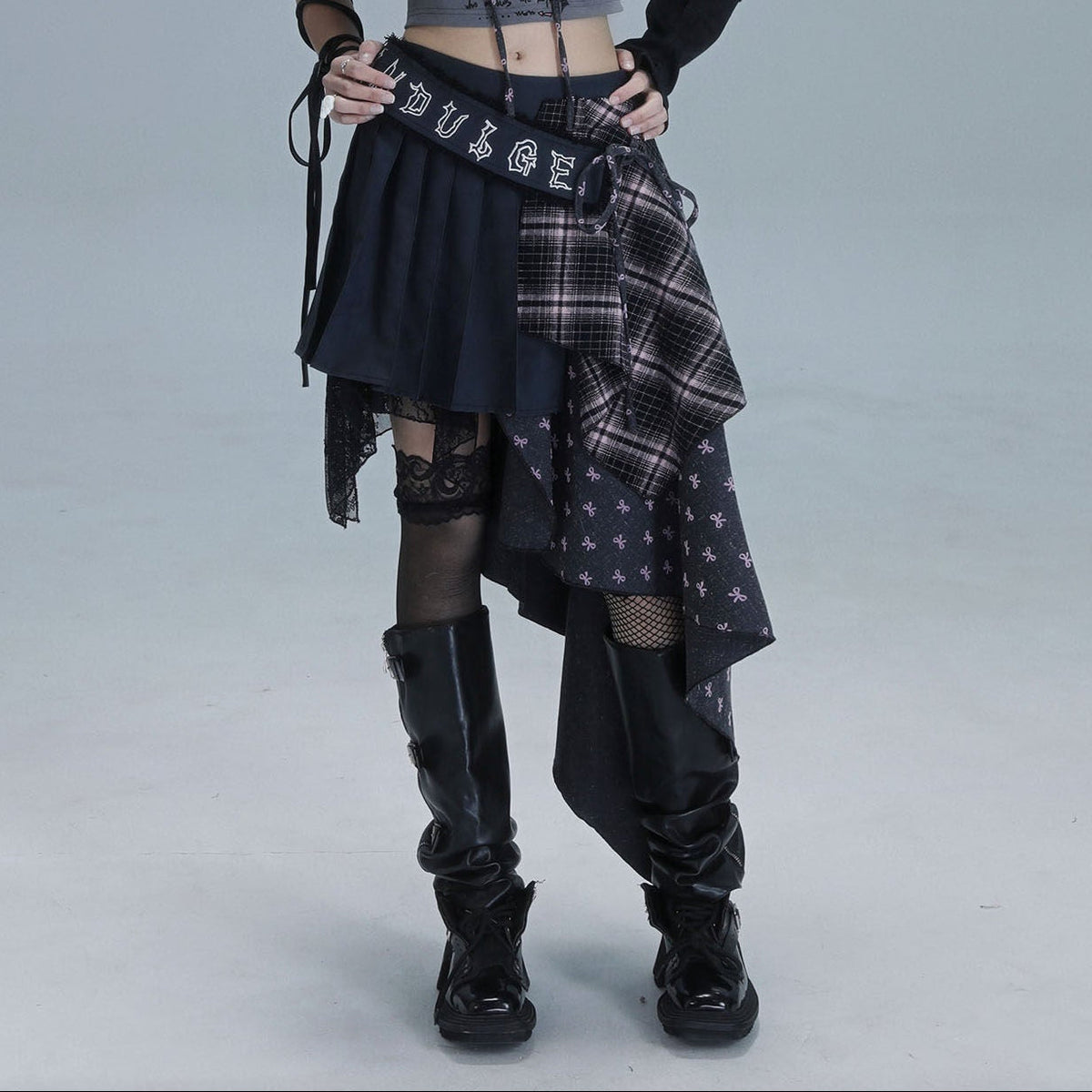 Plaid Patchwork Asymmetric Embroidery Skirt