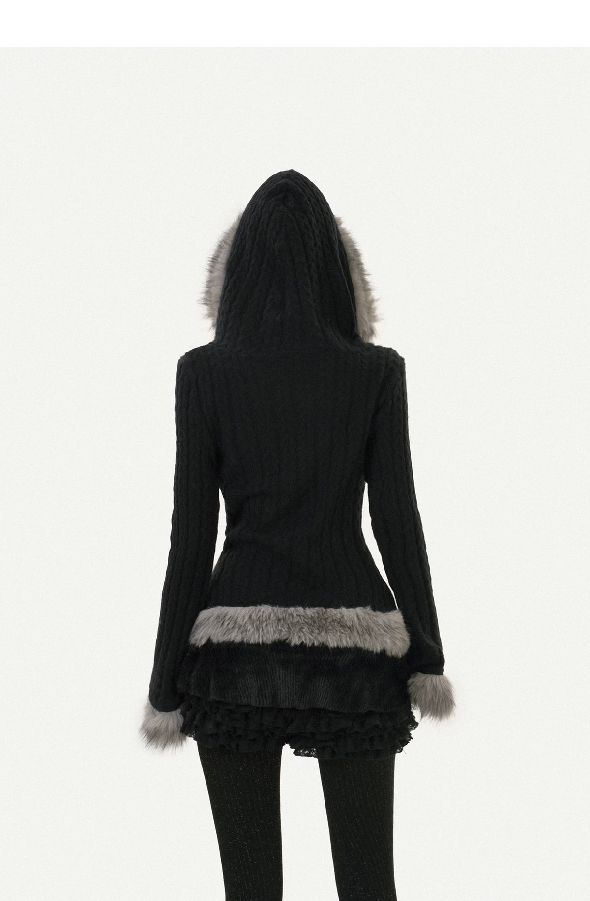 Hooded Fur Collar Fitted Knit Cardigan
