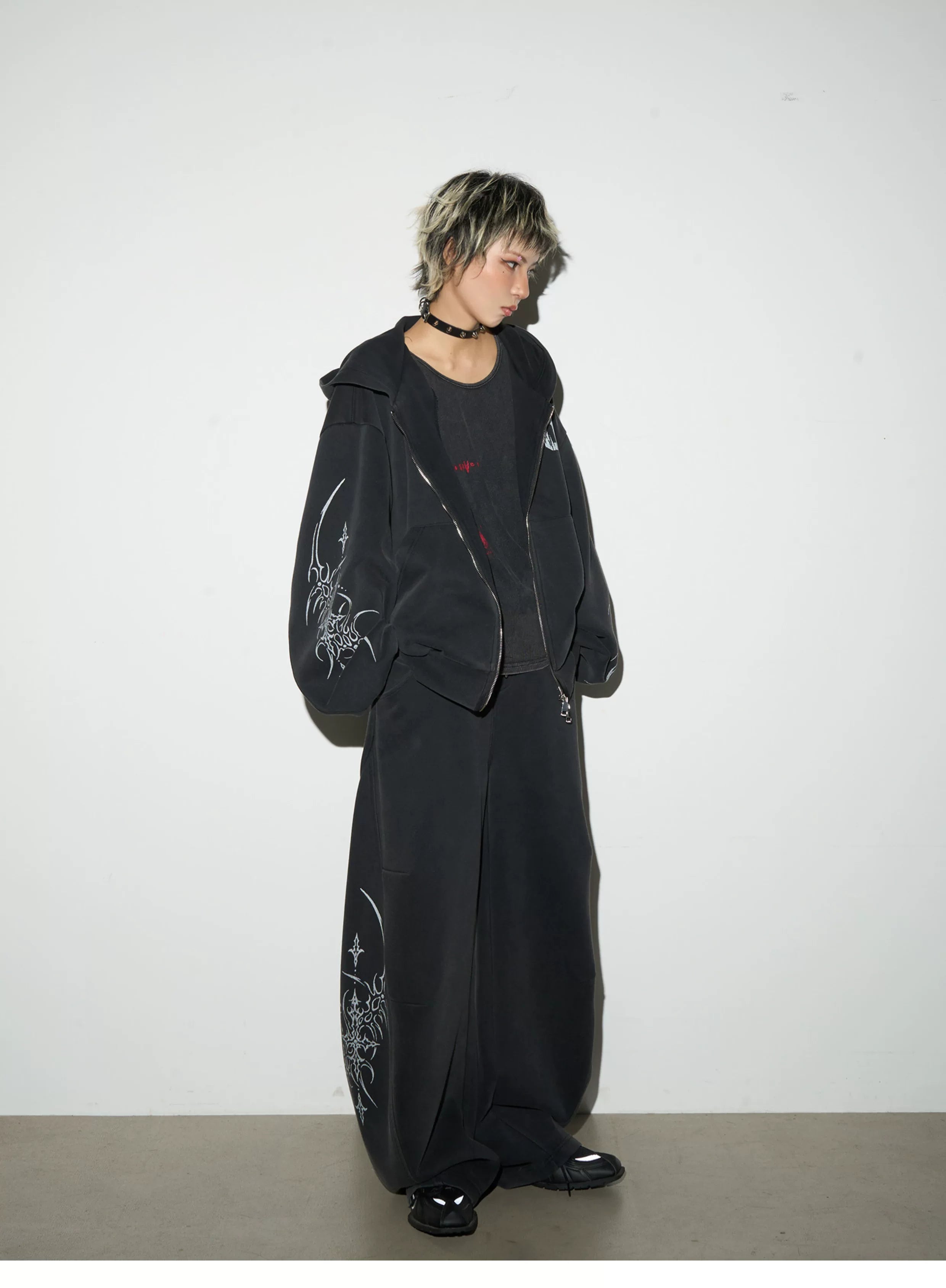 Graphic Print Oversize Zipper Hoodie & Wide Leg Sweatpants Setup