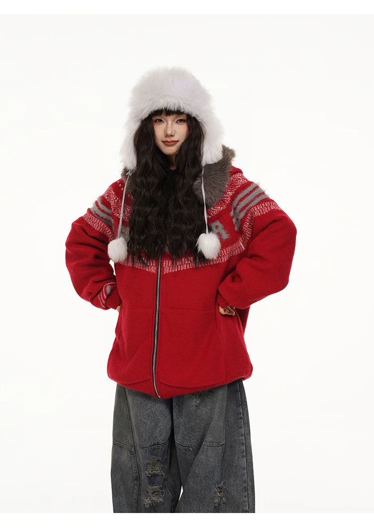 Fair Isle Hooded Detachable Fur Collar Knit Cardigan