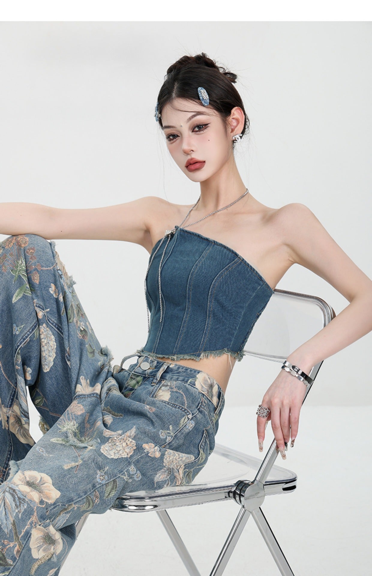 Jean large déchiré à imprimé vintage