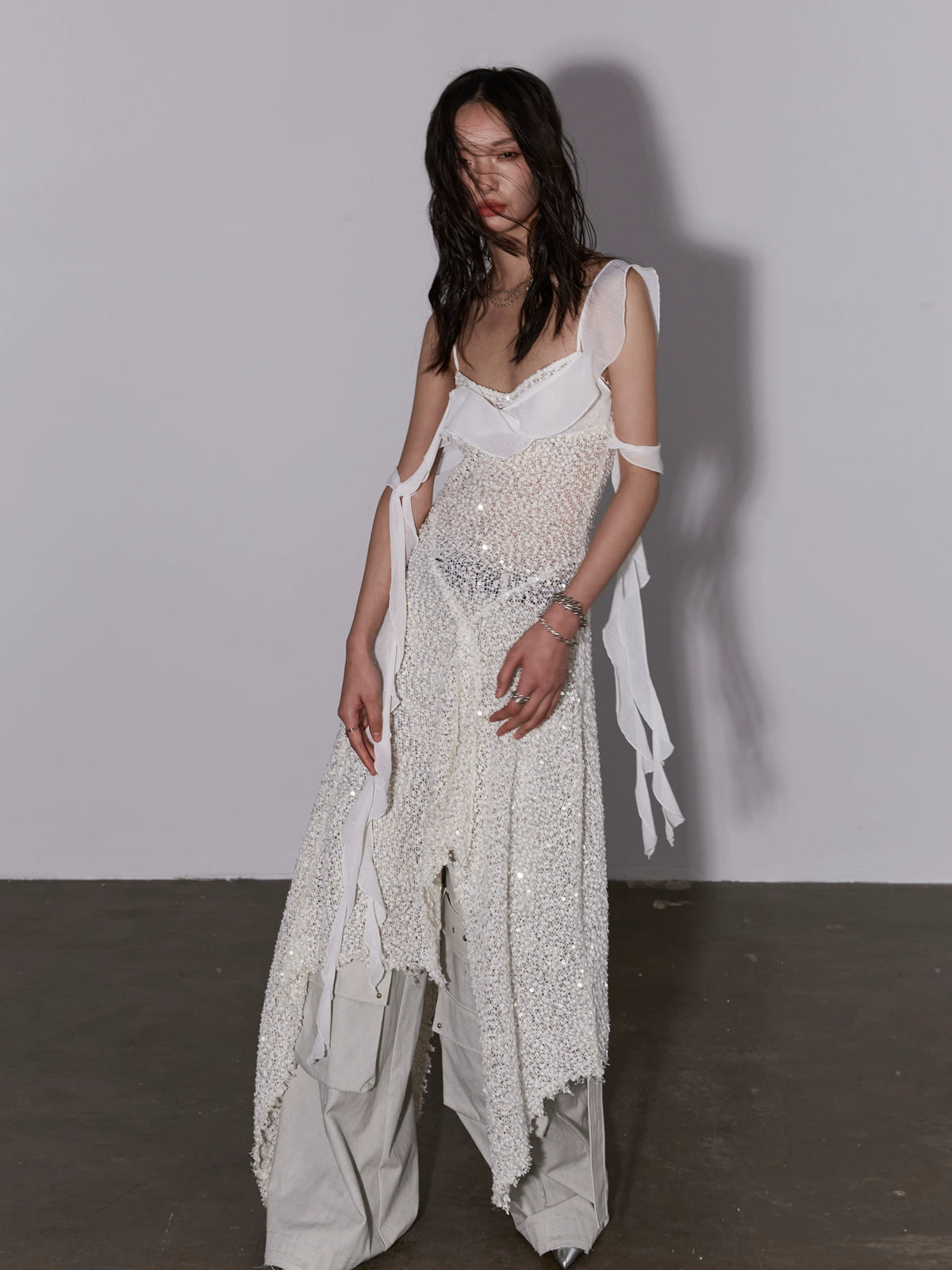 See Through Knit Glitter Strap Shoulder Dress