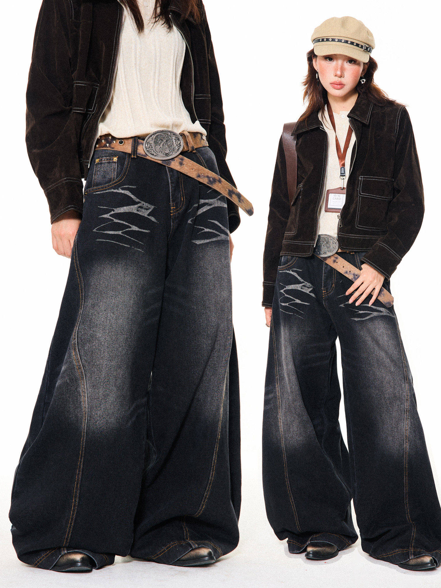 Washed Scratch Detail Wide Leg Denim Jeans