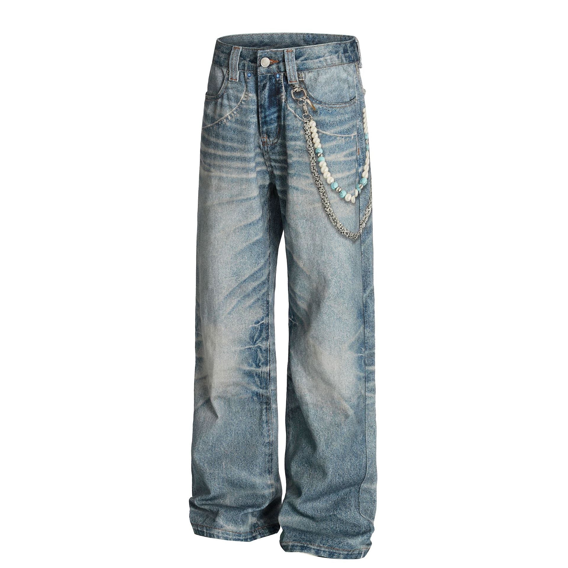 Digital Print Chain Wide Leg Denim Jeans