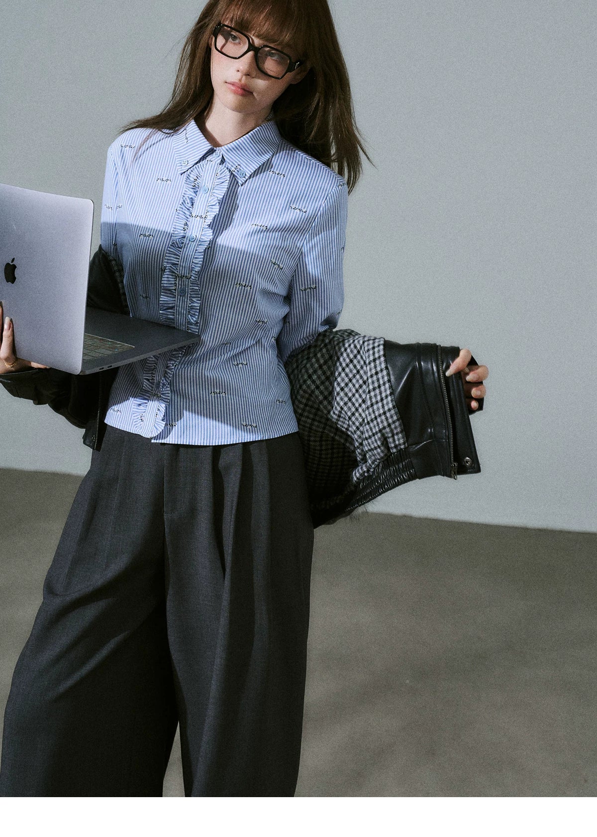 Ruffle Placket Striped Button-Up Long Sleeve Shirt