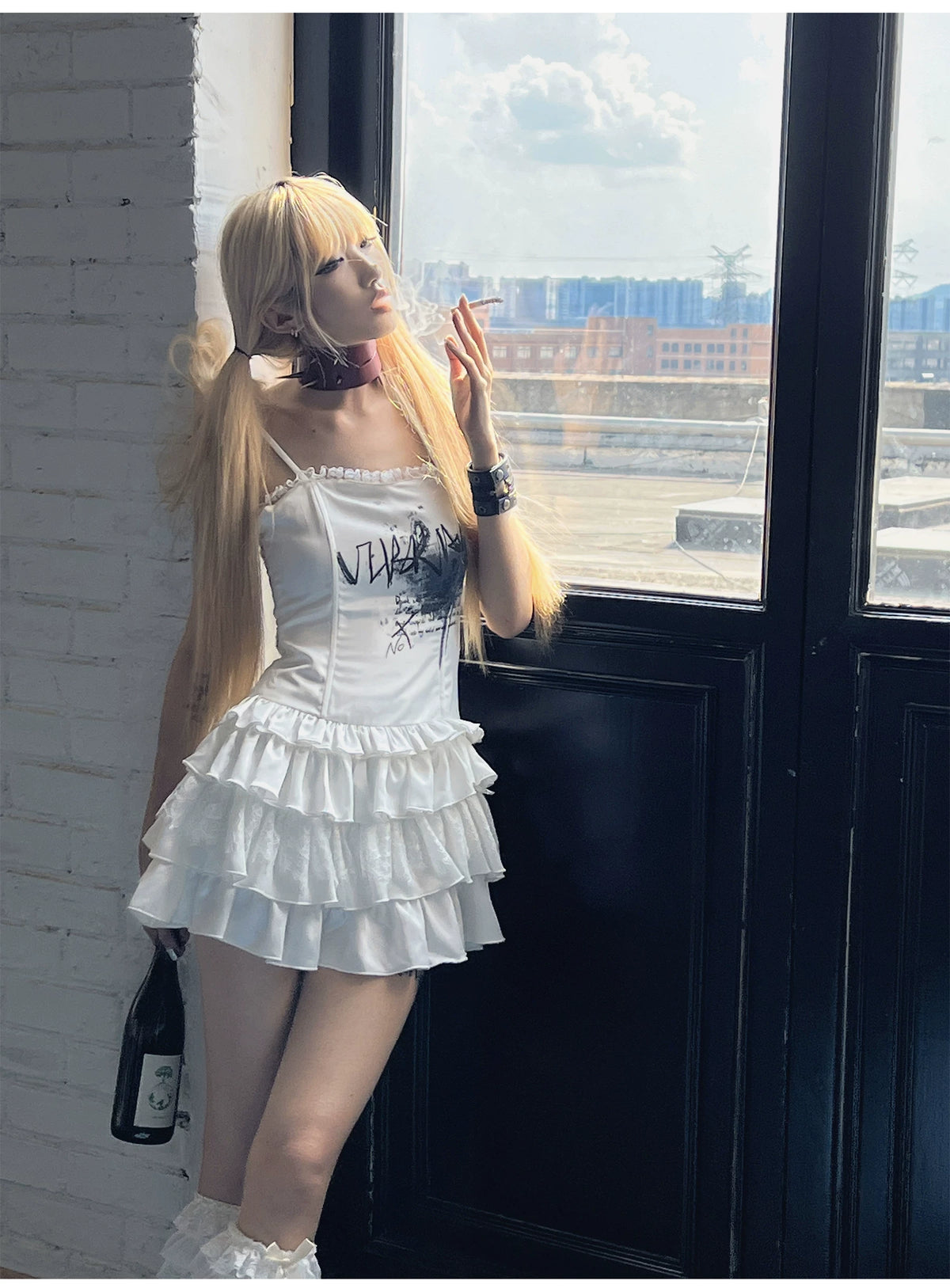 Graffiti Print Satin Lace-Up Ruffled Layered Dress