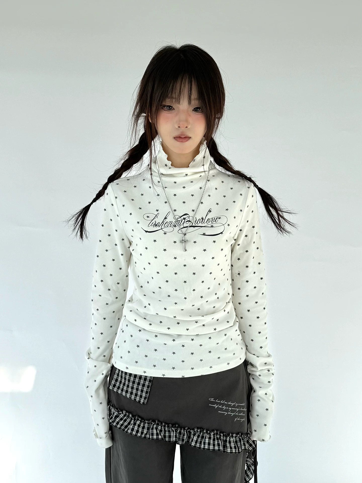 Polka Dot Print High-Neck Long Sleeve T-Shirt