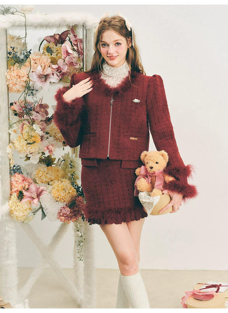 Fur Jacquard Zipper Jacket & Short Skirt Setup