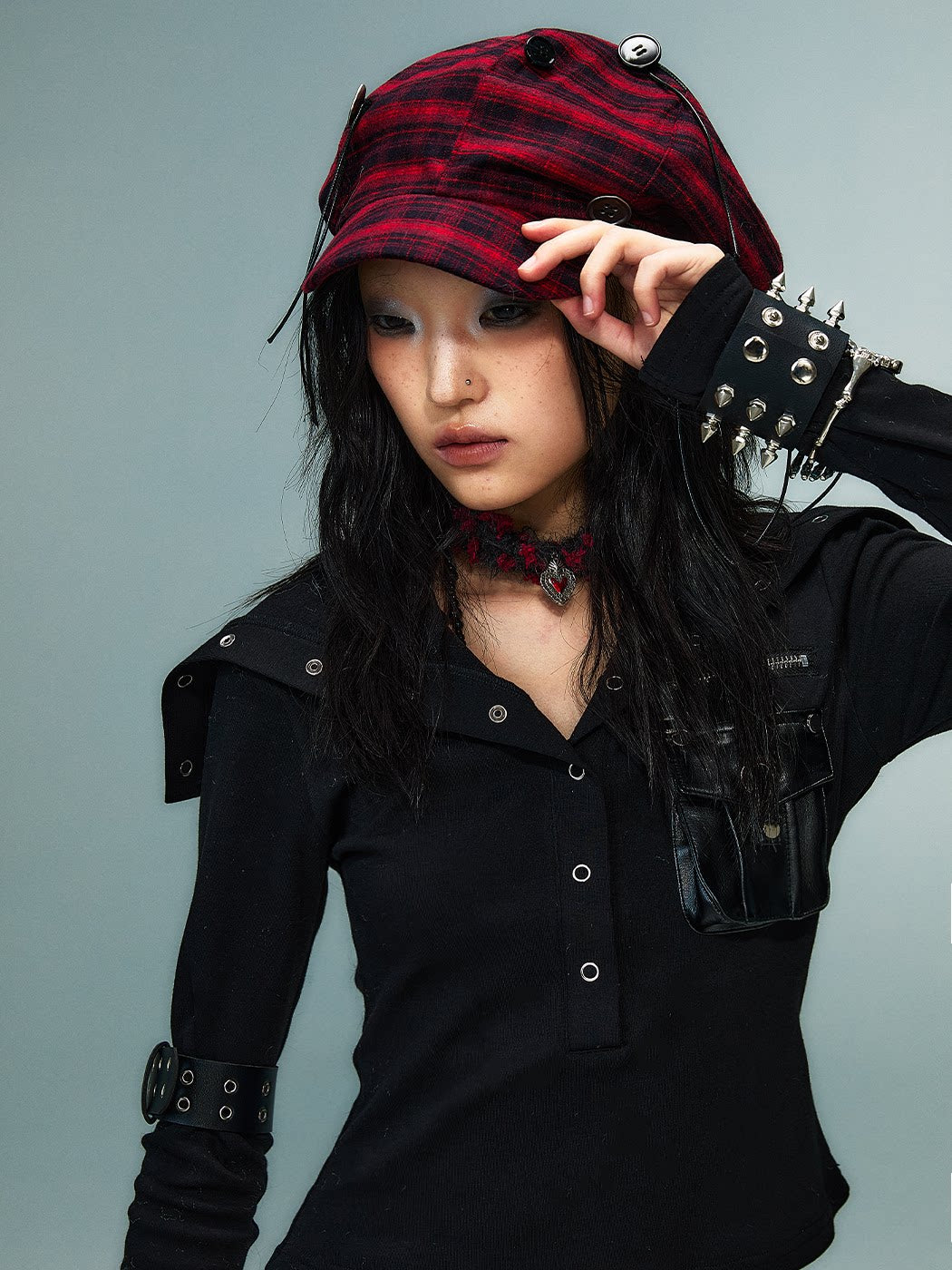 Handcrafted Button Strap Red Plaid Beret Hat