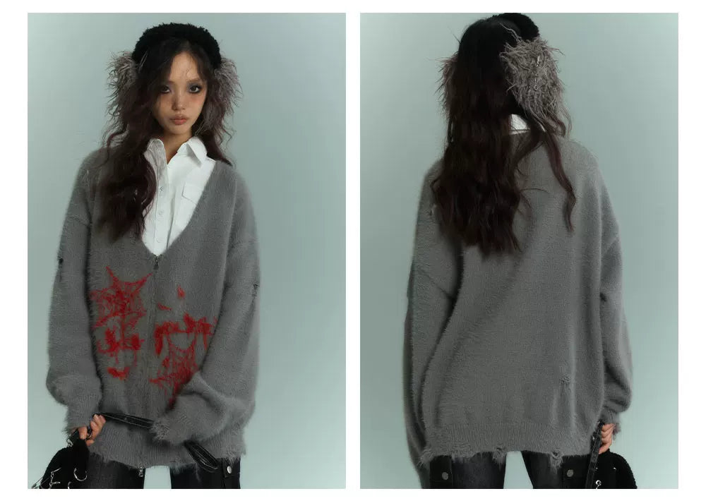 V-Neck Fake Mink Damage Zipper Knit Cardigan