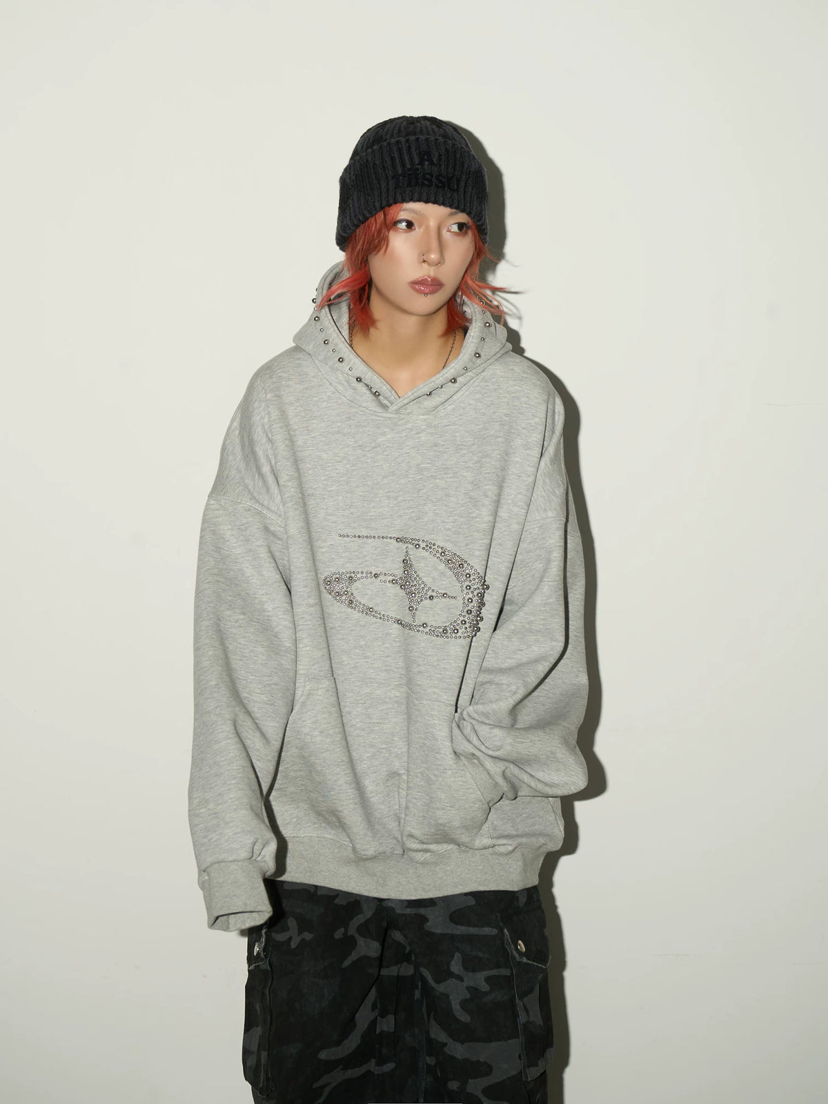 Studded Beaded Design Oversize Pullover Hoodie