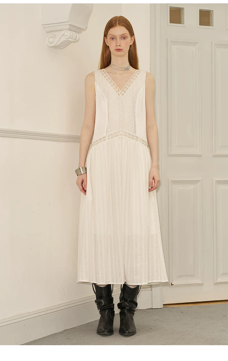 V-Neck Lace Stripe Splicing Sleeveless Long Dress