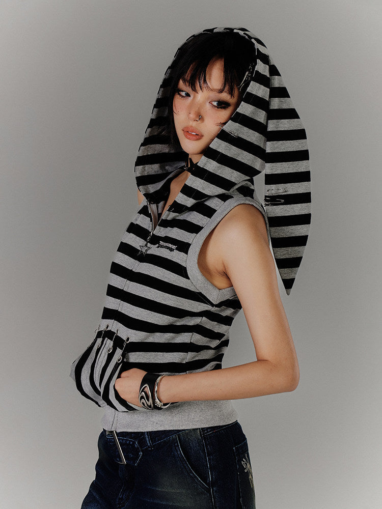 Stripe Zipper Hooded Sleeveless T-Shirt