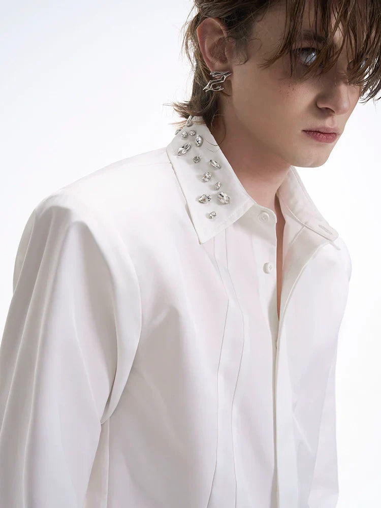 Handcrafted Rhinestone Patchwork Shoulder-Pad Long Sleeve Shirt