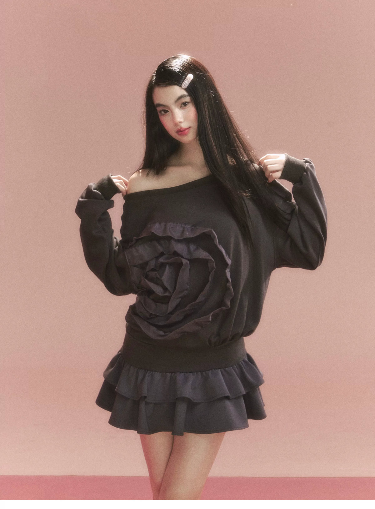 Flower Ruffle Sweatshirt Mix Dress