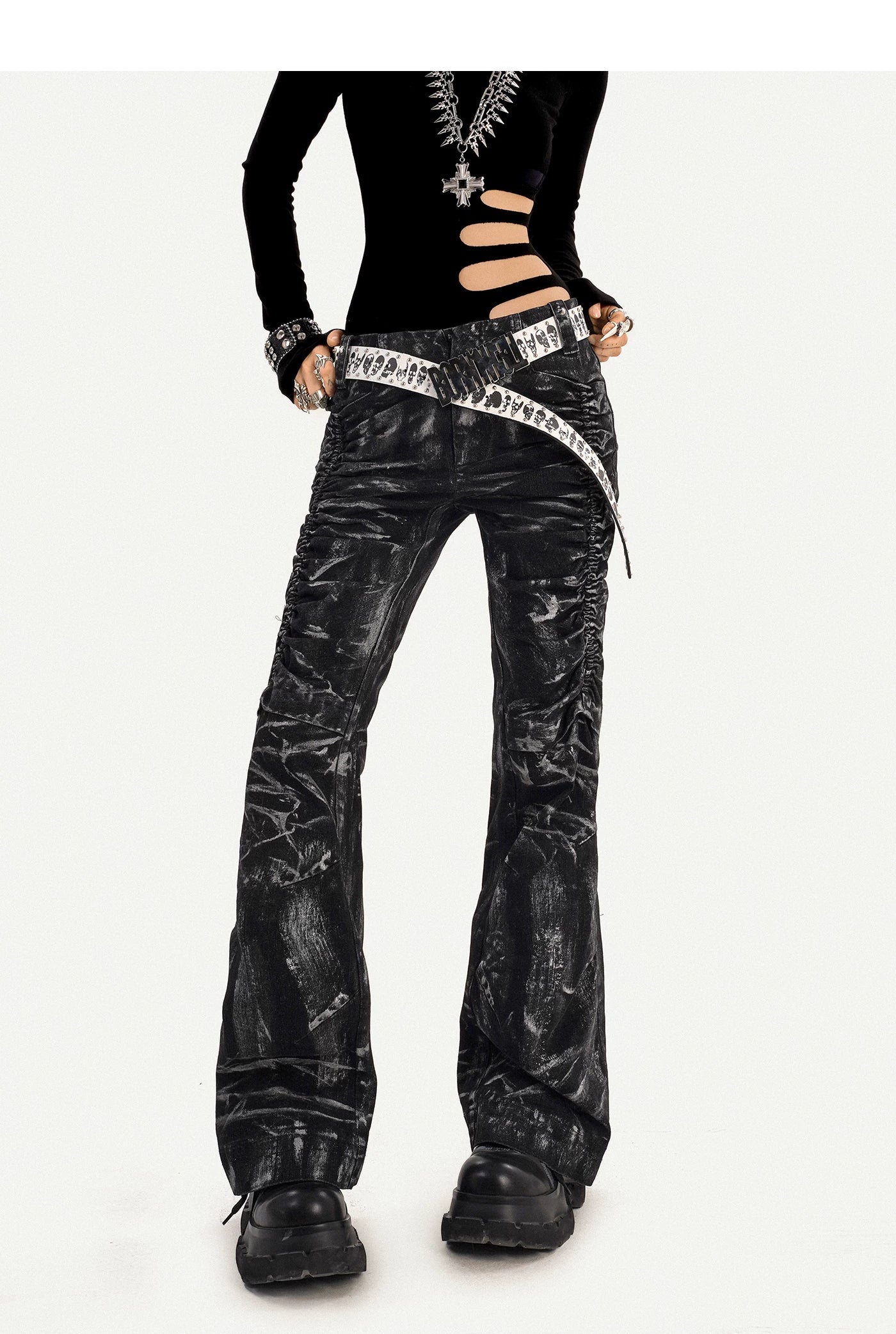 Lightning Print Deconstructed Pleats Flare Denim Jeans