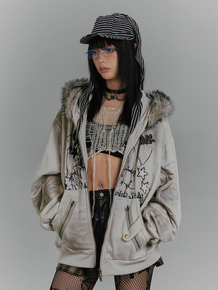 Graphic Fake Fur Hood Bunny Ear Zipper Hoodie Jacket