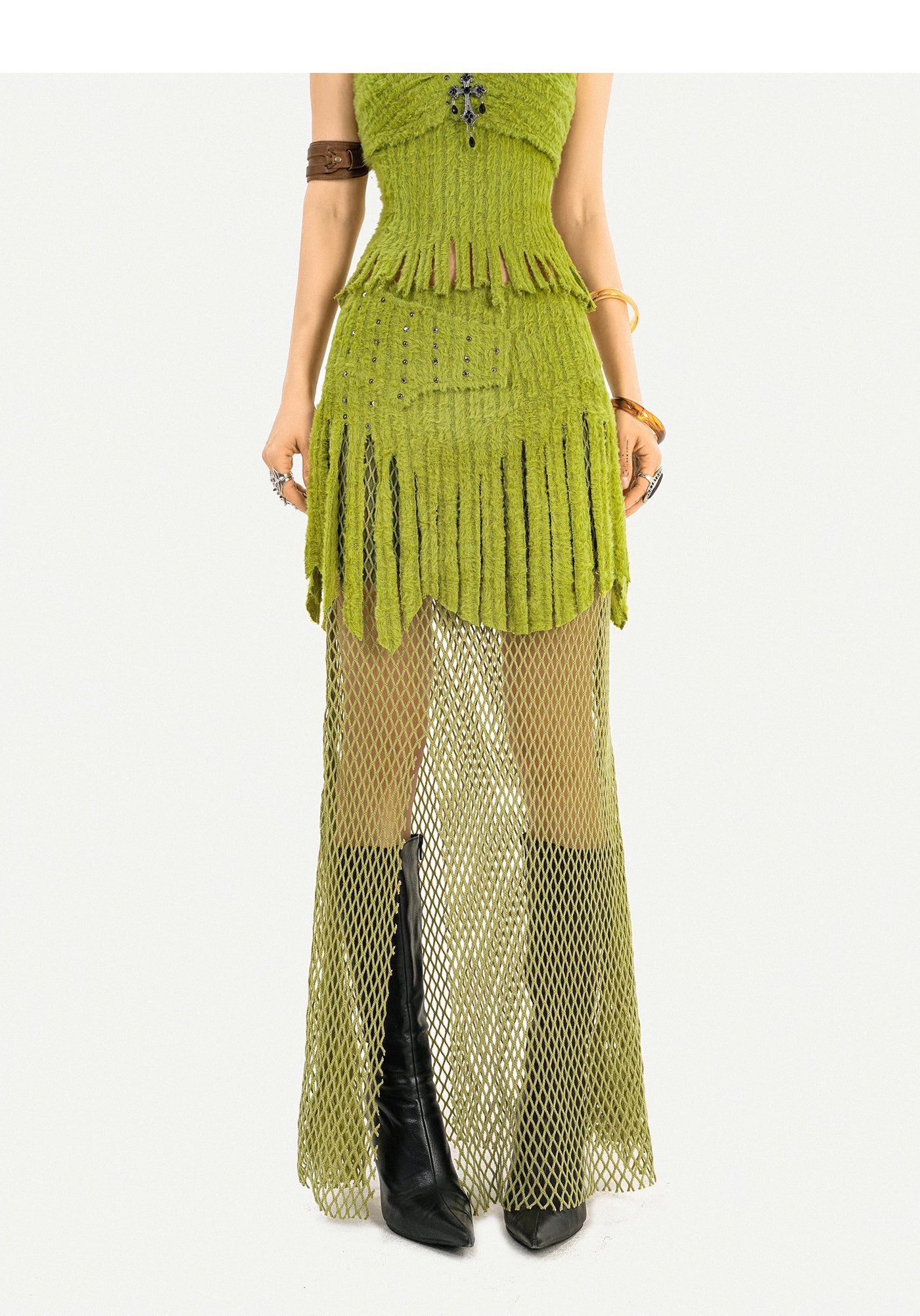 Fake Fur Patchwork Mesh Knit Cardigan & Tube Top & Mesh Long Skirt Setup