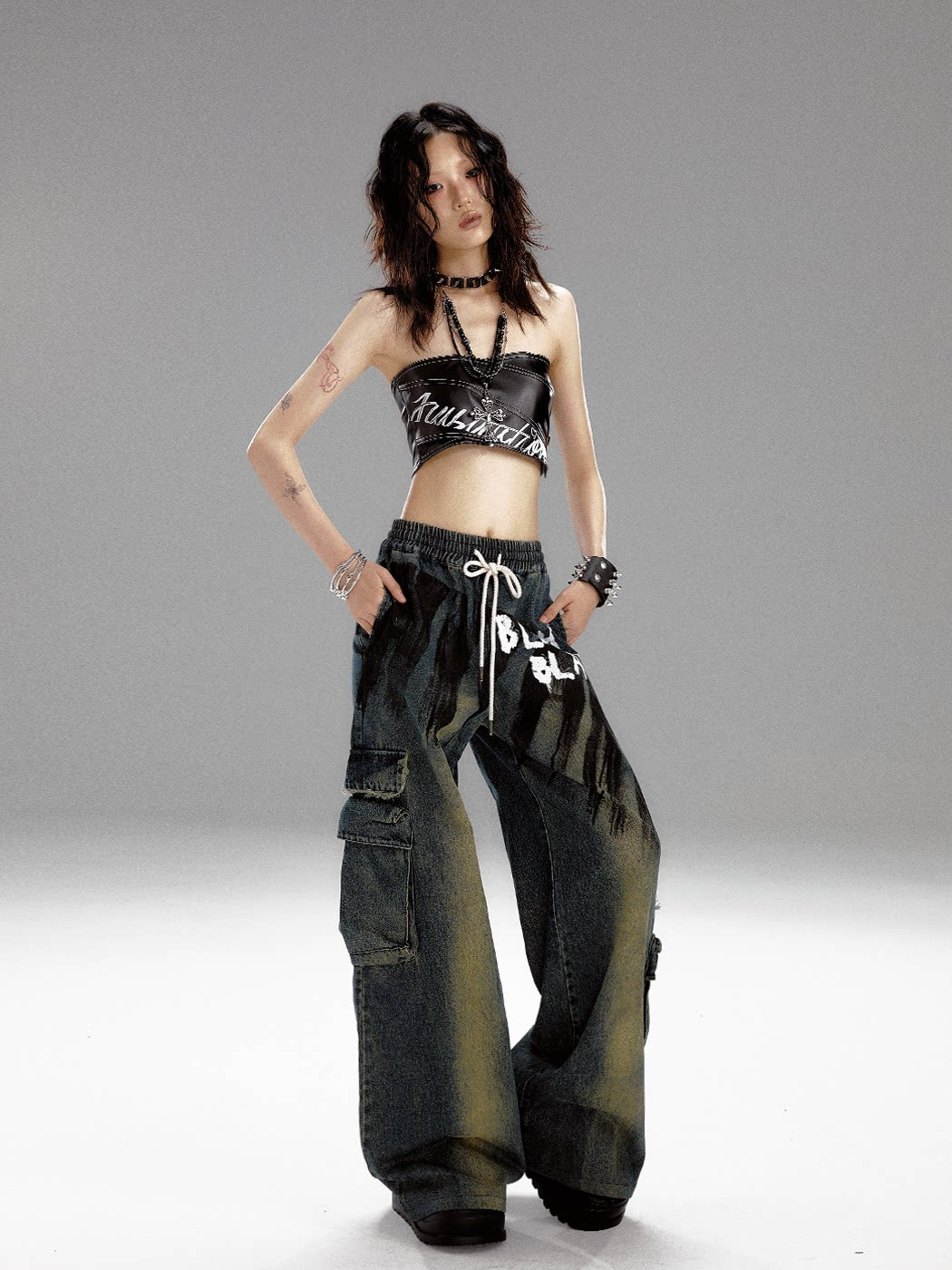 Washed Graffiti Wide-Leg Straight Dnim Jeans