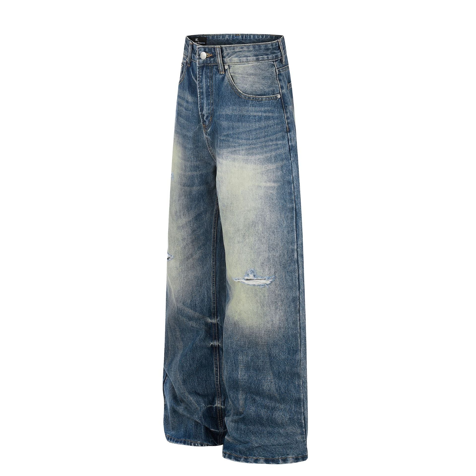 Washed Whisker Damage Wide Leg Denim Jeans