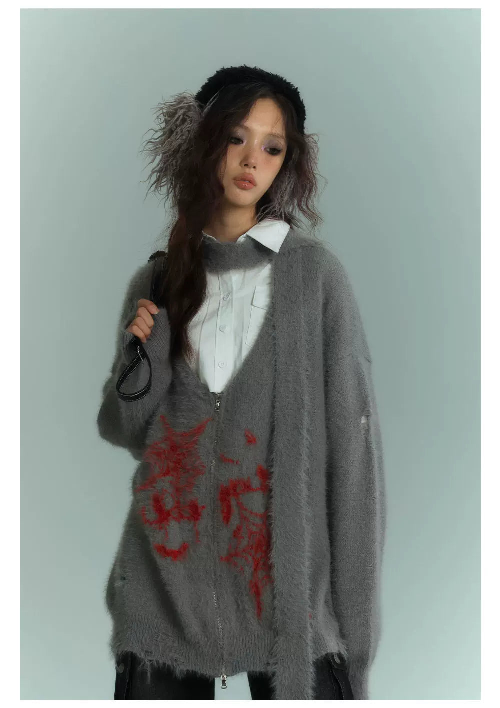 V-Neck Fake Mink Damage Zipper Knit Cardigan
