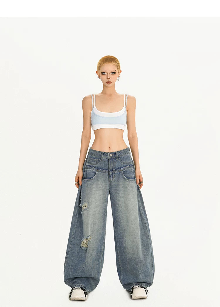 Damage Embroidery Wash Wide Leg Denim Jeans