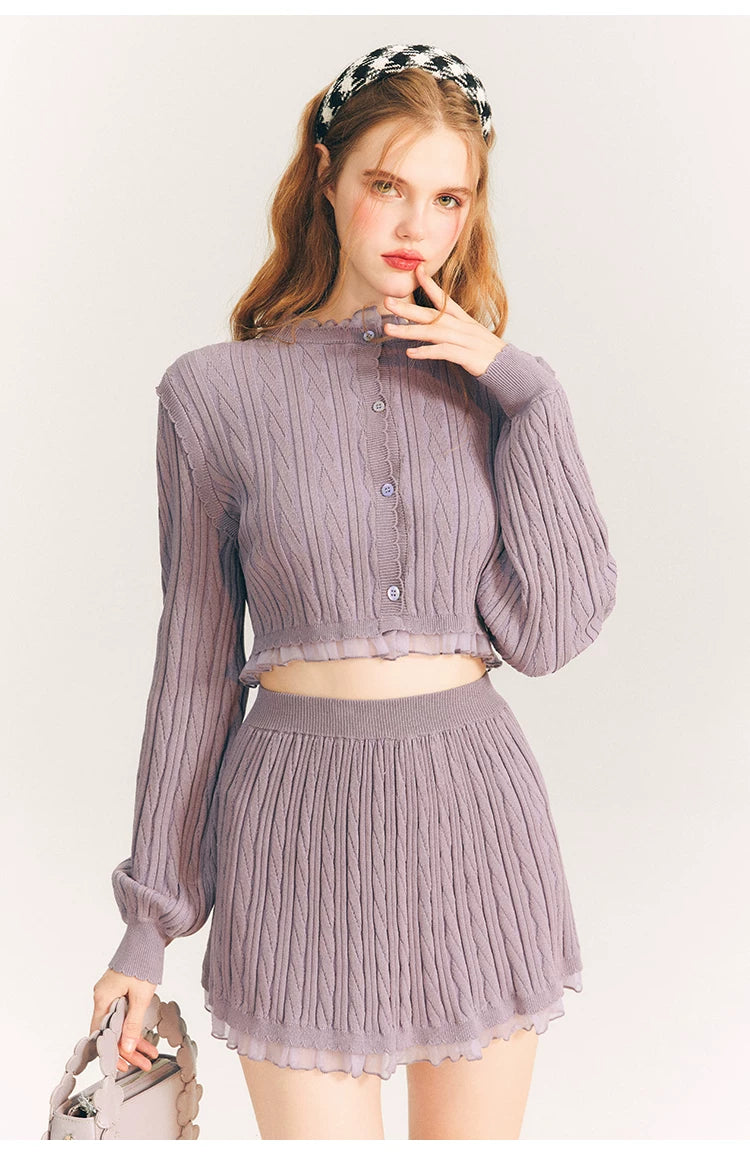 Tulip Button Knit Cardigan & Knit Short Skirt Setup