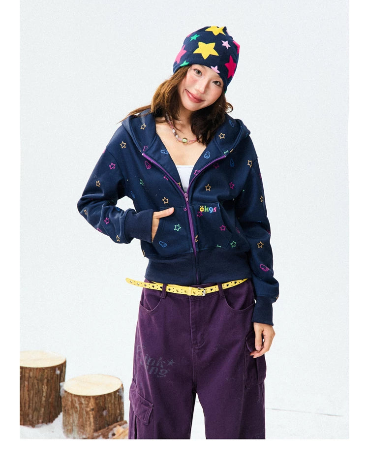 Star Print Fleece Zipper Hoodie