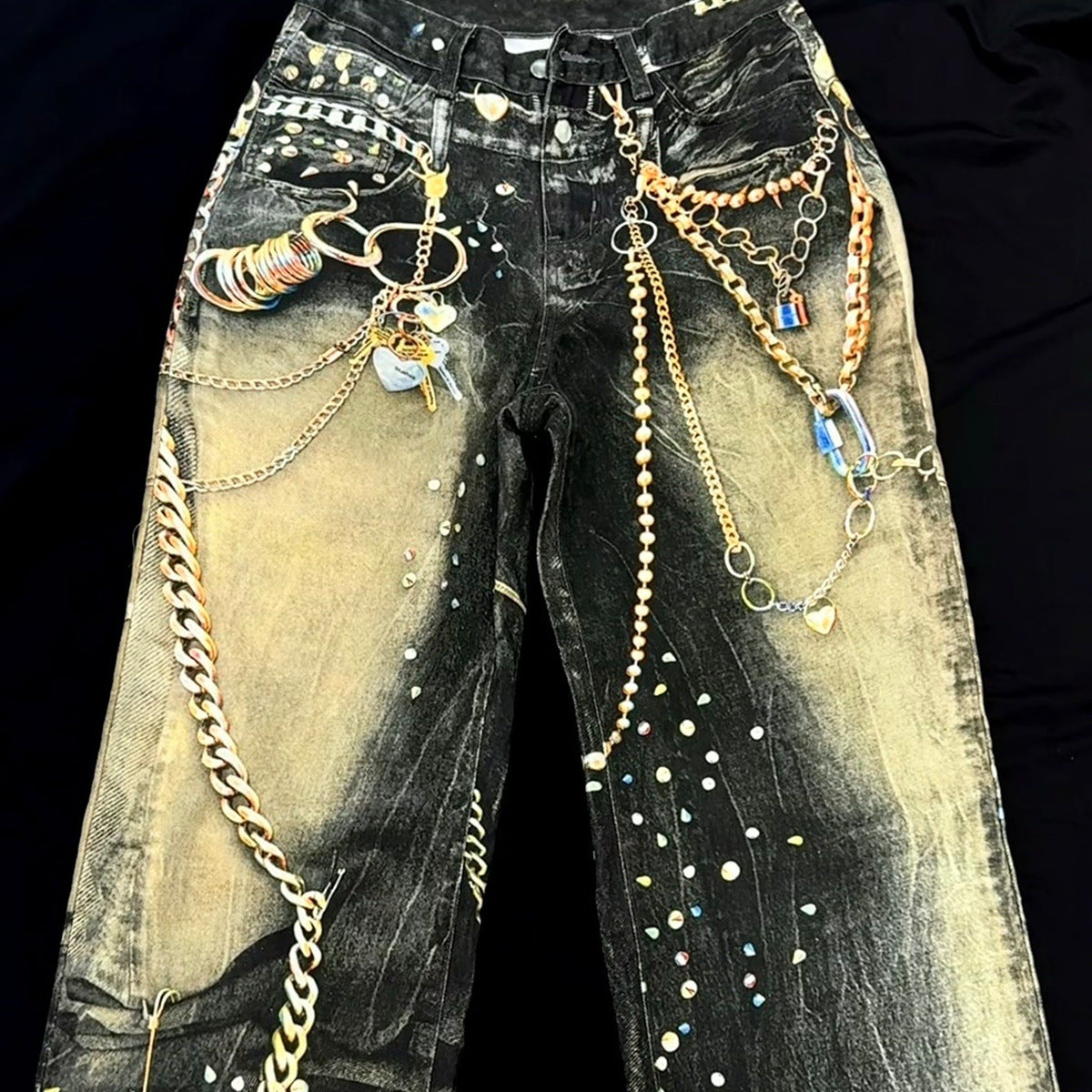 Chain Paint  3D Print Washed Wide Leg Denim Jeans
