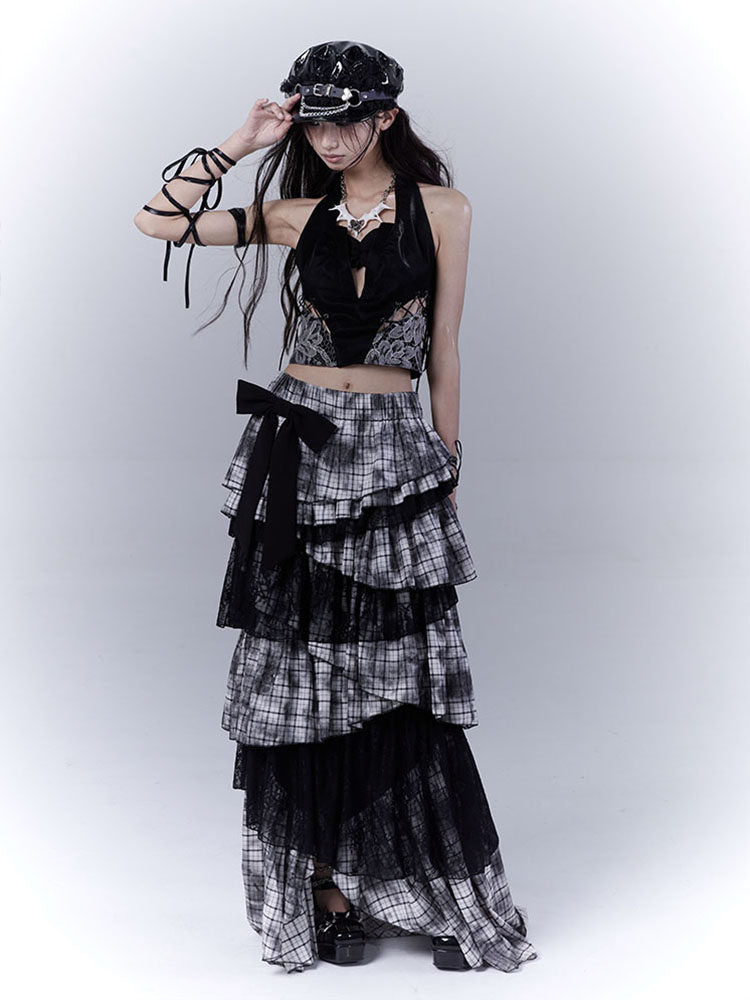 Lace Plaid Tiered Asymmetric Skirt