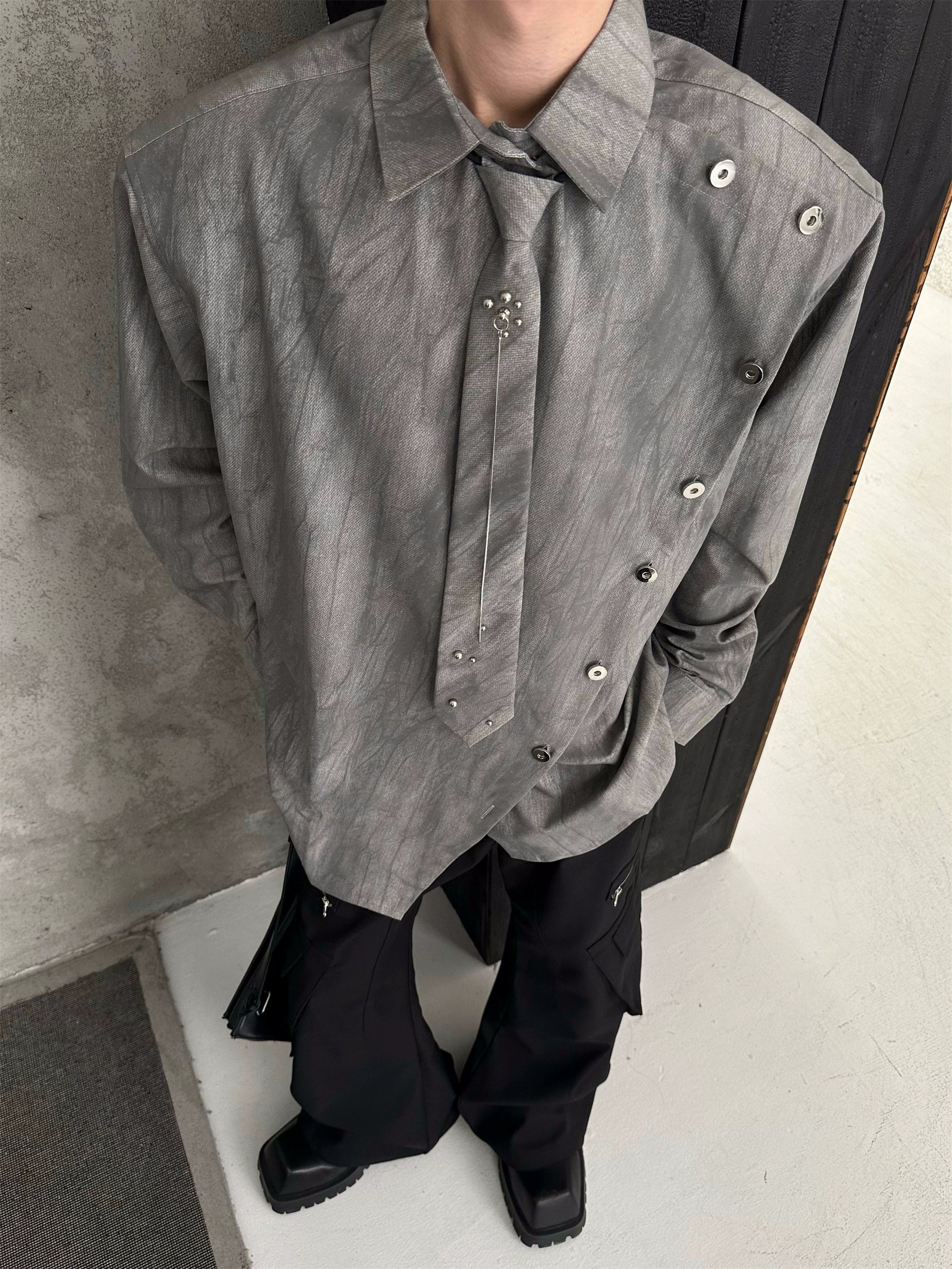 Shoulder-Pad Tie Design Oversize Long Sleeve Shirt