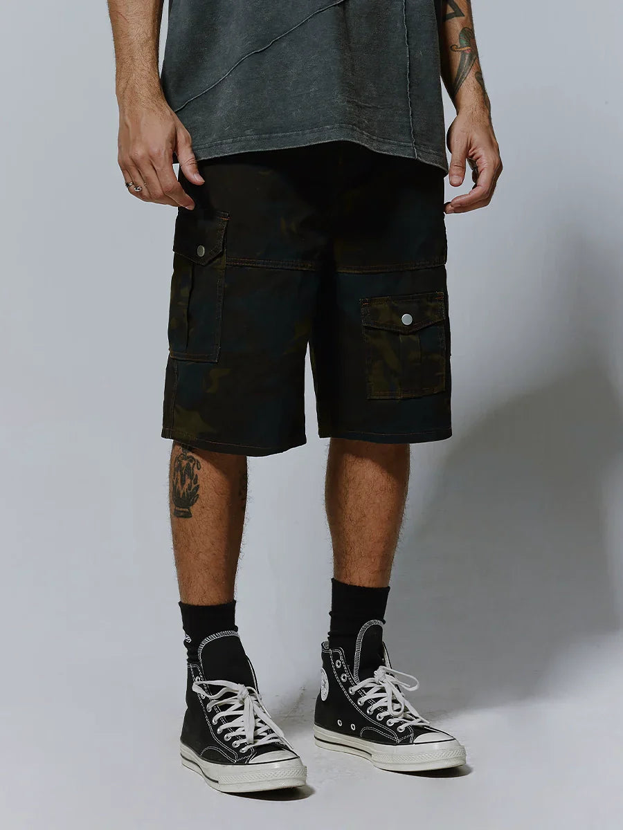 Washed Camouflage Multi-Pocket Cargo Short